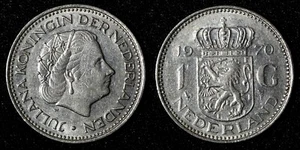 Netherlands Juliana Nickel 1970 1 Gulden 25 mm Better Date KM# 184a (945) - Picture 1 of 3