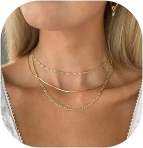 Necklace Women 14k Gold Plated Snake Figaro Wave Chain Choker Layered Jewelry - Picture 1 of 6