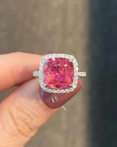 Anillo de compromiso de diamantes con zafiro rosa natural de 7,20 quilates de oro blanco de 18 quilates - Imagen 1 de 9
