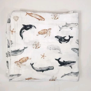 Life Tree Muslin Baby Blanket Swaddle Ocean Animals Whales 4x4 ft Organic - Picture 1 of 6