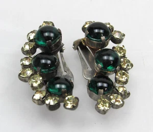 Orecchini Vintage Karu Arke Clip On Strass Verde Cabochon Austria - Foto 1 di 10