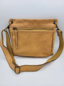 Vintage Fossil Tan tooled Embossed Floral leather messenger bag Purse - Picture 1 of 8