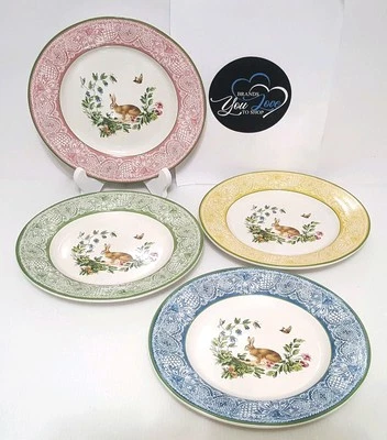 Pottery Barn S/4 Botanical Bunny Salad Plates 8.5" NIB Mixed Easter Rabbits - Image 1 of 4