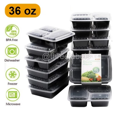 20-100Pack 36oz Meal Prep Containers 3 Compartments Food Storage Boxes with Lids - Image 1 of 4