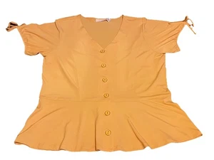 Susan Graver Blouse Women's Medium Yellow Stretch Tie Sleeve V-Neck Button-Front - Picture 1 of 5