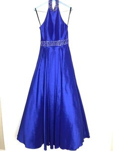 Alyce Paris Royal Blue Bling Halter Prom Dress Princess A-Line Taffeta Size 4 - Picture 1 of 11