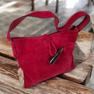 Burberry London Shoulder Hand Bag Red Suede Leather 13" W X 11" H x 4" D - Picture 1 of 18