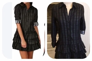 Theory Cacey Hemdblusenkleid Stufenrock Gürtel Drop Waist Shadow Plaid Char grau 2 - Bild 1 von 8