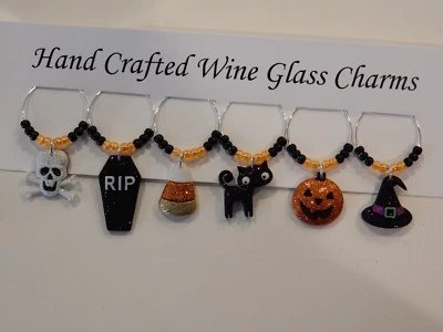"HALLOWEEN  GLITTER "(Set #2) set of 6 hand crafted  wine glass charm markers - Image 1 of 4