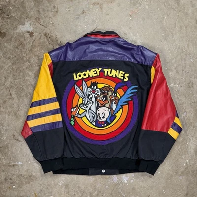 VTG 1992 Jeff Hamilton Looney Tunes Leather Canvas Jacket L 90s Rap Cartoon Art - Image 1 of 4