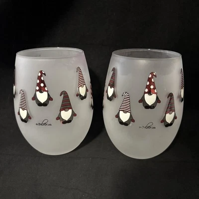 Pair of Culver Ltd Stemless Wine Glass Christmas Holiday Gnomes Frosted - Image 1 of 4