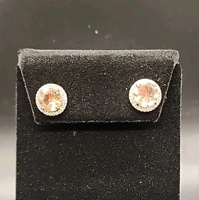 10k Rose Gold Halo Stud Earrings 4.45ctw Peach Tourmaline w/ CZ accts JTV BLG089 - Image 1 of 4