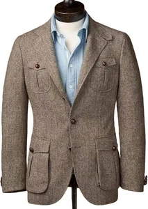 Men Khaki Wool Herringbone Tweed Check Retro Blazer Party Prom Groom Tuxedo Suit - Picture 1 of 10