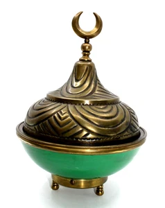 Plato cubierto árabe islámico otomano turco luna creciente latón esmalte verde de colección - Imagen 1 de 11