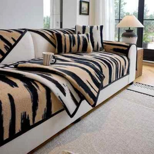Thicken Rabbit Plush Sofa Cushion Cover Striped Pattern Anti-Slip Couch Cover - Picture 1 of 19