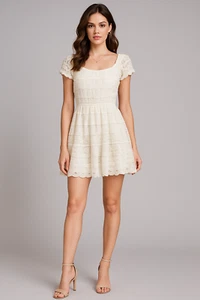 Trixxi Babydoll Dress Womens M White Puff Sleeve Lace Tiered Stretch Cottagecore - Picture 1 of 15