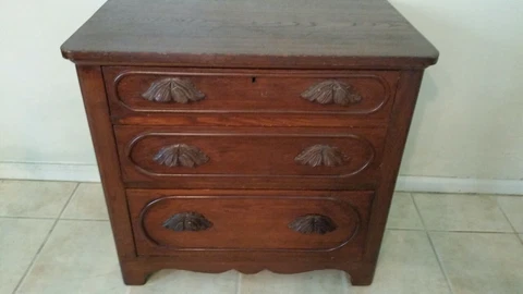 Antique Victorian Oak Chest / Ornate Carved Drawer Pulls, Elegant, 3 Drawers Cover