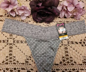 S/M MAIDENFORM SeXY DREAM LACE Polka Dot Shiny Grey Luxury Thong Panty 40156~NWT - Picture 1 of 11
