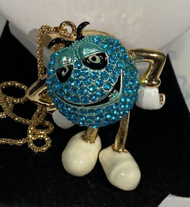 BETSEY JOHNSON CARTOON CHARACTER M &M ROUND CANDY TEAL CRYSTAL MOVABLE PENDANT