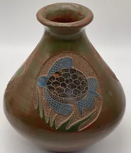 Vintage Sea Turtles Vase Studio Pottery Franklin Calero 8” Etched Signed - Picture 1 of 9
