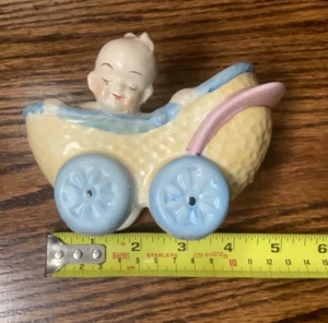 White, Blue & Pink Baby Carriage Planter with Baby (Japan) Vintage - Picture 1 of 12