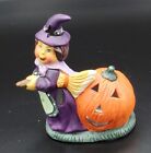 5" High Witch On Broom With Pumpkin Halloween Ceramic Figure / Votive Holder