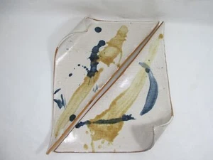 2 Unique Handmade Mid Modern Clay Sushi Plates Wht Glaze Splashed Blue Gold Art - Picture 1 of 12