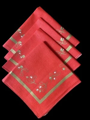 VTG MCM 4 Christmas Cotton Linen Napkins Red & Gold W Holly & Berries Swedish - Image 1 of 4