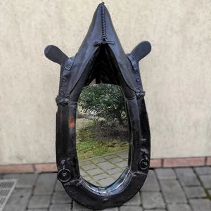 Large Vintage Leather & Wood Framed Mirror Unique Interior Furniture 36" UKRAINE - Picture 1 of 6