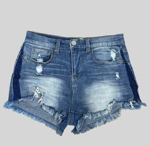 Mudd Shorts Womens 3 Blue Distressed Denim Frayed Hem High Rise Jean Stretch - Picture 1 of 11