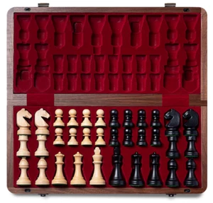 Walnut Folding Chess Set, 15" Board, 3" King, Extra Queens, Storage Bag - Picture 1 of 7