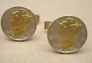 Vintage USA Mercury Silver Dime Cufflinks 1943 & 1946 Sealed in Plastic - Picture 1 of 7