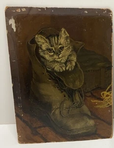 Vintage original oil painting on Cardboard Cat In Boot - Picture 1 of 4