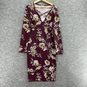 Wet-seal Dress Women L Large Purple Floral Sheath Midi V-Neck Long Sleeve Casual - Picture 1 of 8
