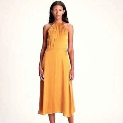 NWT $159 Banana Republic Satin Halter Neck Midi Dress Size 4 Golden Yellow - Image 1 of 4