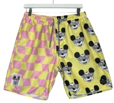 Disney Neff Mickey Mouse Mens Swim Shorts L Pink & Yellow Patterned Summer Wear - Image 1 of 4