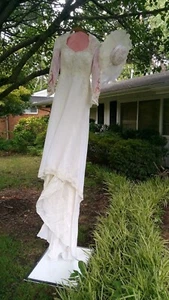 Sz 10 Very Vintage Handmade Lace Pearl Wedding Dress Gown Hat w Under Cover Slip - Picture 1 of 13
