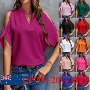 Women Shoulder V-Neck Short Sleeve Plain T-Shirt Leisure Tee Tops Lace Blouses - Picture 1 of 28