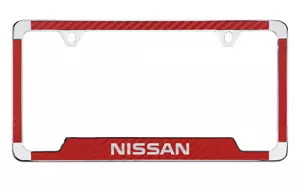 Nissan wordmark red carbon fiber inlay zinc metal license frame holder 2 hole - Picture 1 of 2