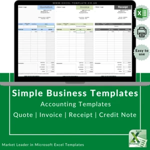 Simple Microsoft Excel Quote, Invoice, Receipt, Credit Note business forms - Picture 1 of 5