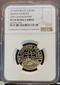 1975 BELIZE GOLD 100 DOLLARS UNITED NATIONS ANNIVERSARY NGC PF 70 ULTRA CAMEO - Picture 1 of 3