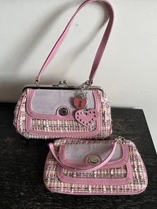 Chateau Vintage Y2K Pink Tweed Houndstooth Mini Bag Set With Clock Charm - Picture 1 of 19