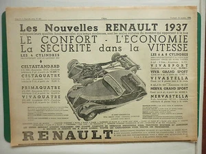 10/1936 PUB AUTO RENAULT PRIMAQUATRE CELTAQUATRE VIVA GRAND SPORT AD - Bild 1 von 1