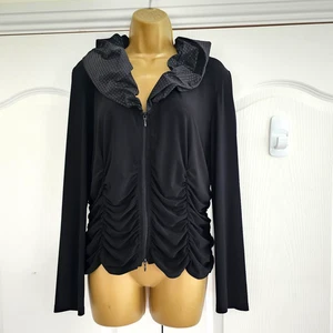 Joseph Ribkoff Top UK 18 Black Collared Full Zip Ruched Ruffled Long Sleeve - Picture 1 of 10