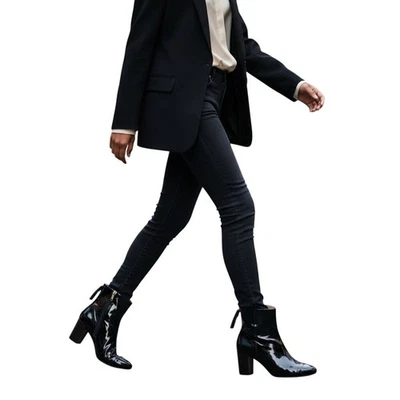 Stuart Weitzman Black Patent Leather Cap Toe Back Zip Heeled Boots Size 8M - Image 1 of 4