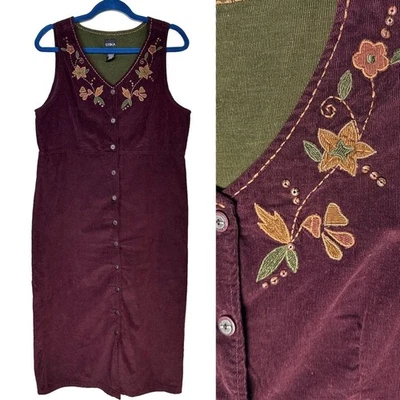 Винтажный вельветовое вино цветной без рукавов кнопка макси платье Med вышитый коттедж - Изображение 1 из 4