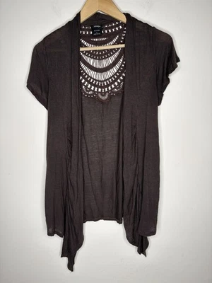 Cárdigan Vanity Mujer Talla L Marrón Crochet Encaje Espalda Frente Abierto Boho Hecho en EE. UU. Foto 1 de 4