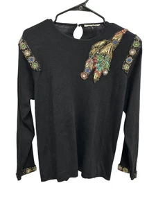 Vintage Perlen Pullover bunte Verzierungen Schlüsselloch Rücken Retro Kuschelig Strick - Bild 1 von 9