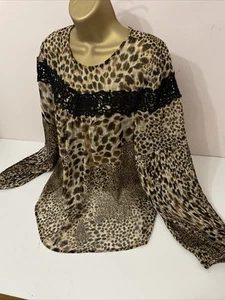 NEXT Beige Leopard Print Chiffon Wide Long Sleeve Blouse Summer Top Size 14 - Picture 1 of 13
