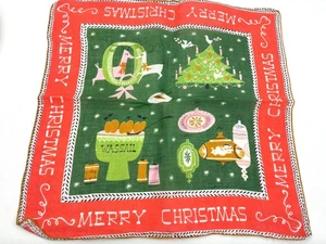 Vtg Pat Prichard Christmas Handkerchief MCM Merry Christmas Reindeer Ornaments  - Picture 1 of 7
